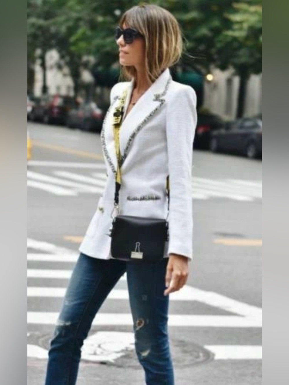 Zara White Tweed Double-Breasted Blazer with Multicolor Trim - Picture 5 of 13